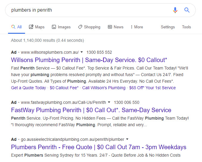 Example pf plumber google search advertising